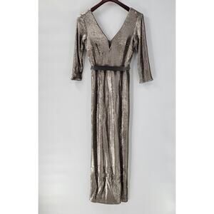 Little Mistress Womens Sequin Dress 6 Gold Metallic Belt V Neck 3/4 Sleeve Maxi
